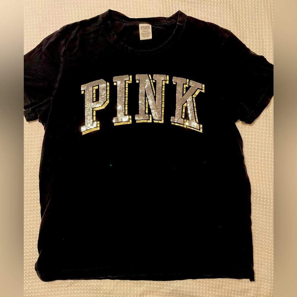 Victoria’s Secret PINK black short sleeve sequins T-shirt, size Large